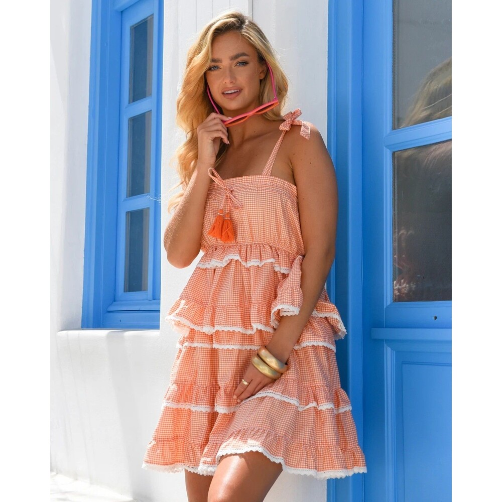 New Gypsy Queen Scalloped Gingham tiered ruffles mini Dress Cotton Size S